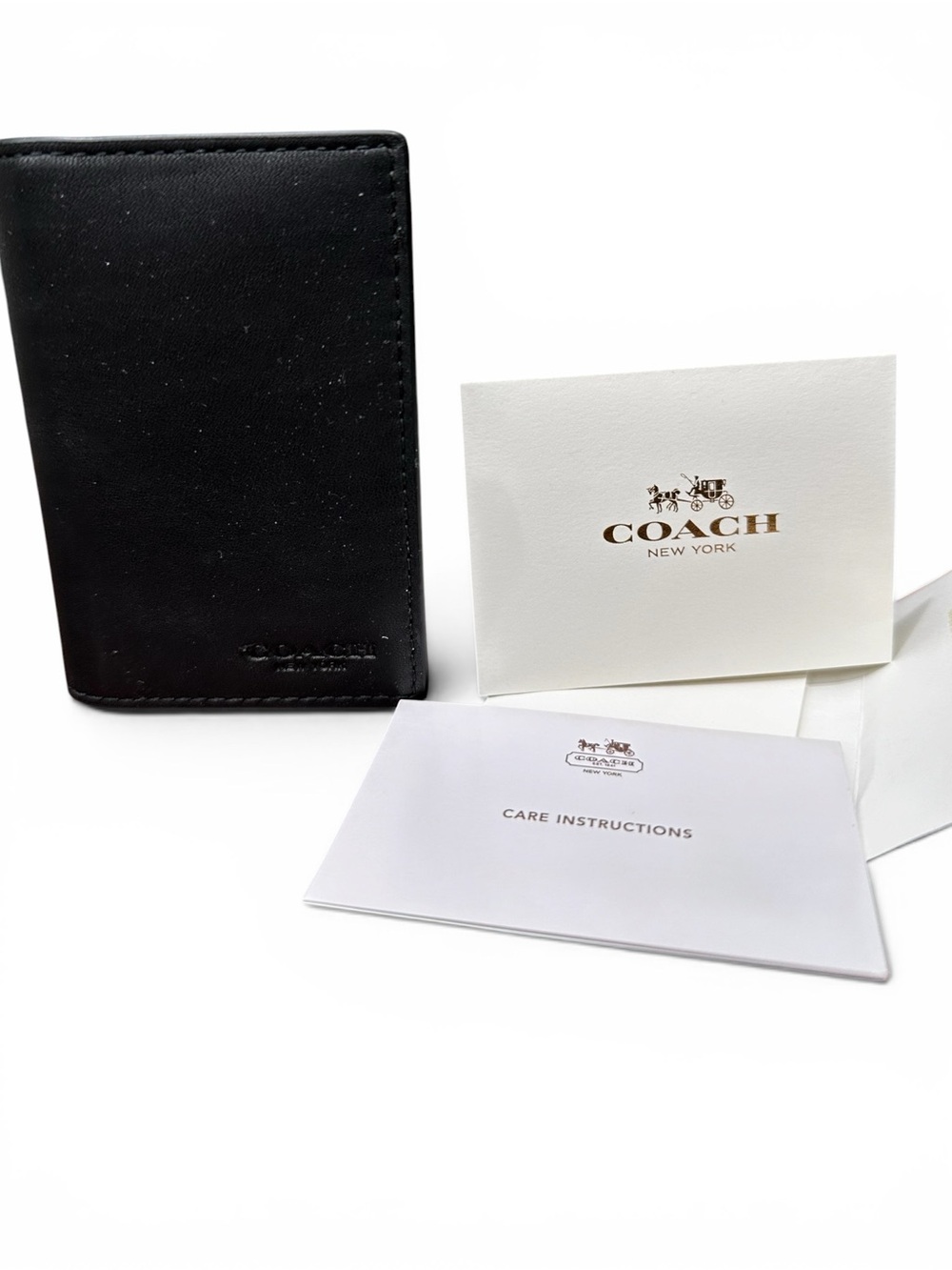 Coach Black Leather Slim Card Holder Wallet Minimalist Bifold With Care Cards